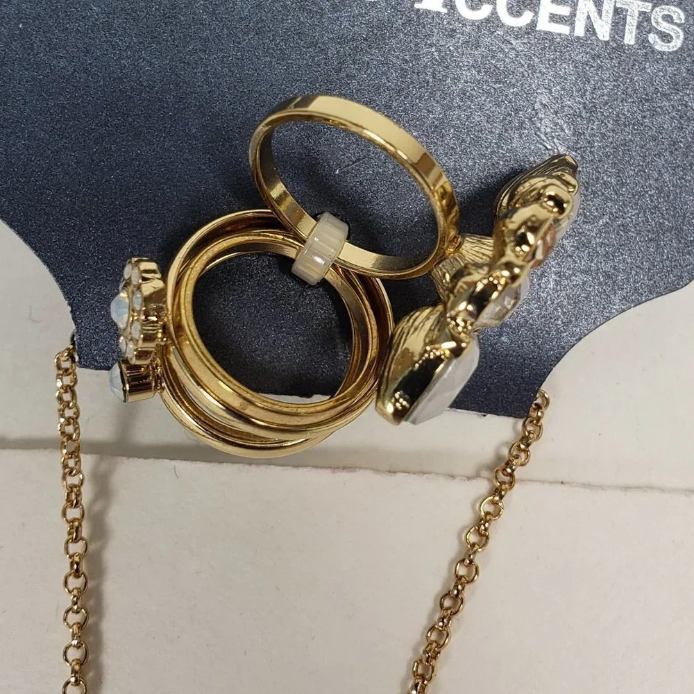 Vintage Gold Chain Necklace with 4 Rings & Pearl Crystal Pendant -  Bracelet